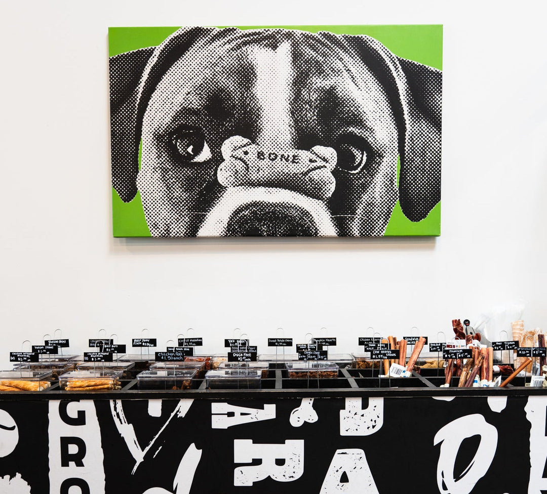 Dog-themed product display with a sign and a dog illustration on a white background featuring treat bar at bark bark belmont shore