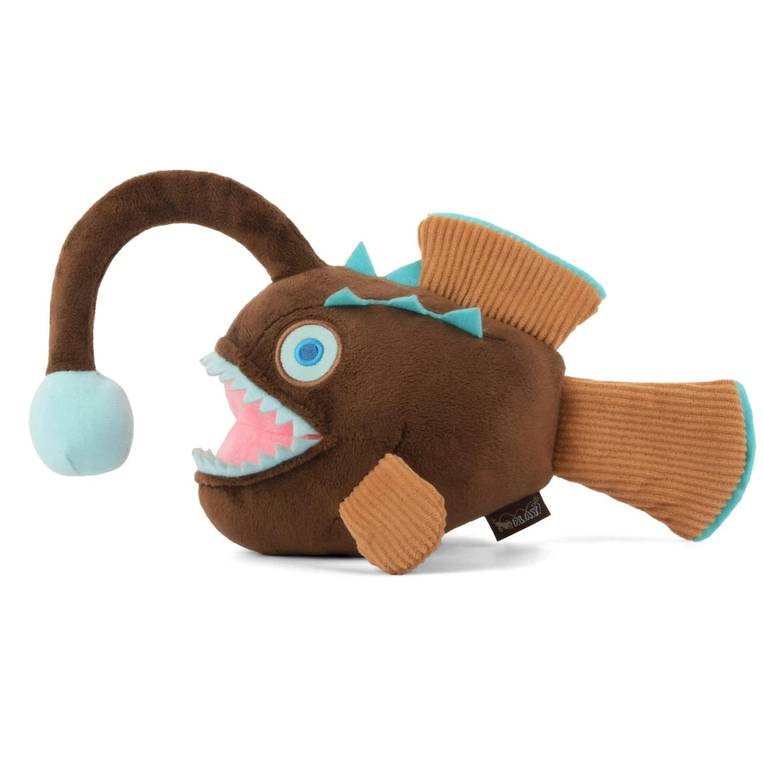 Plush toy of a brown fish with a blue tail on a white background