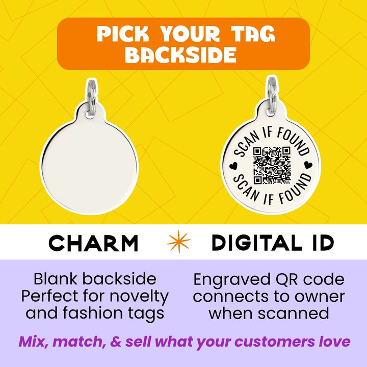 Two silver charms on a yellow and purple background with text about QR code functionality.