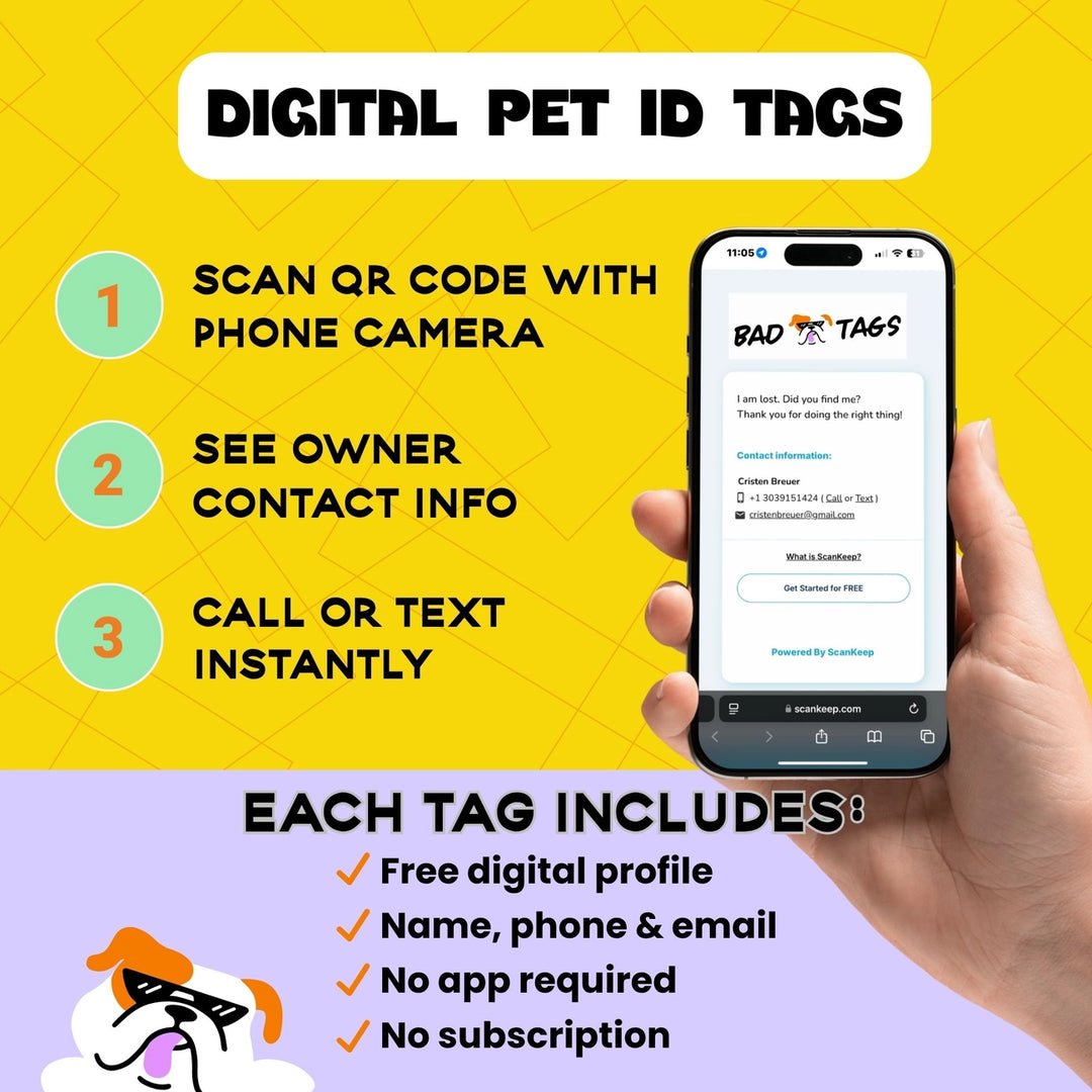 Digital pet ID tags advertisement with phone scanning QR code on a yellow and purple background