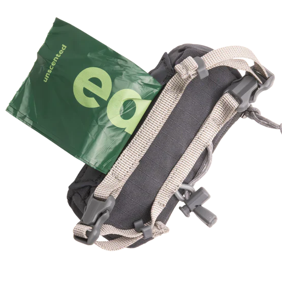 Gray poop bag dispenser  with a green pack on a white background