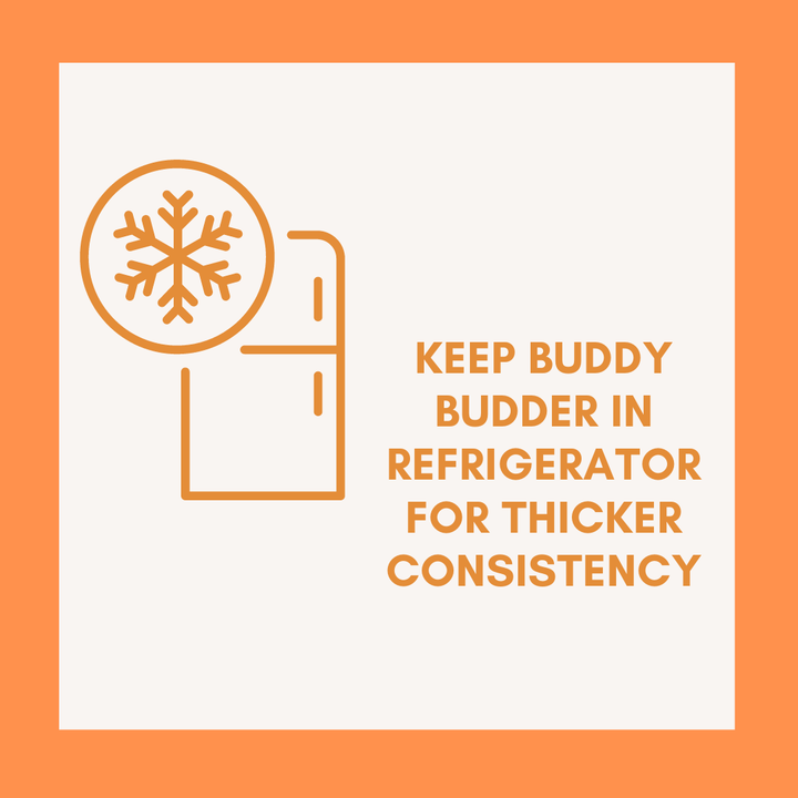 Bark Bistro Buddy Budder storage graphic instructing pet parents to refrigerate the dog peanut butter for a thicker consistency.