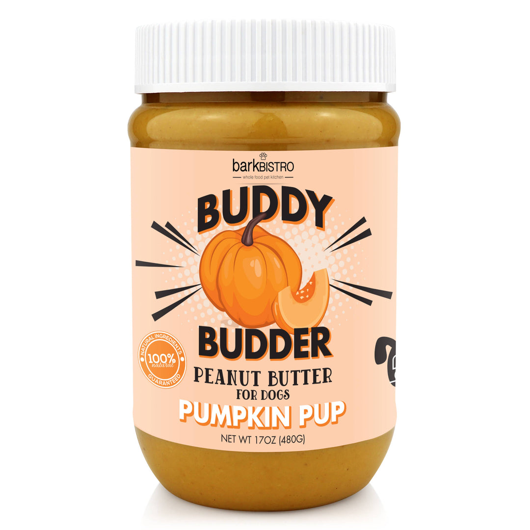 Bark Bistro Pumpkin Pup Buddy Budder peanut butter for dogs in a 17 oz jar, made with pumpkin, peanuts, cinnamon, and honey.