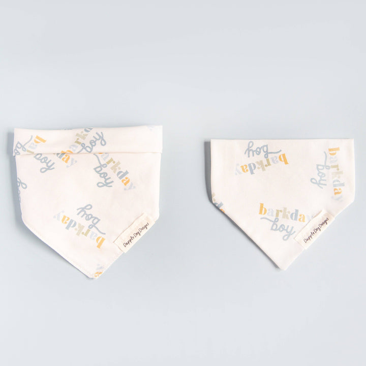 Two Barkday Boy dog bandanas shown side by side in the Dapple Dog Designs birthday print.