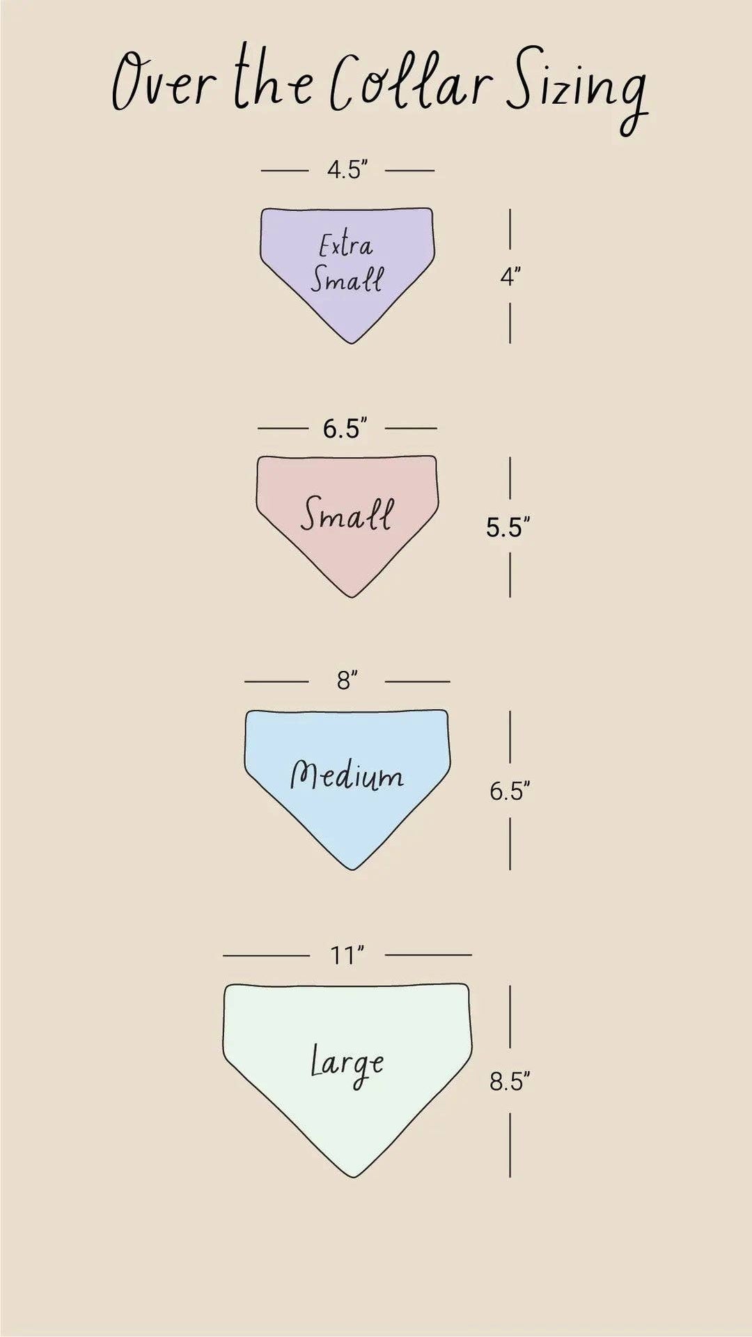 Over-the-collar dog bandana sizing chart showing dimensions for Dapple Dog Designs Barkday Boy bandanas.