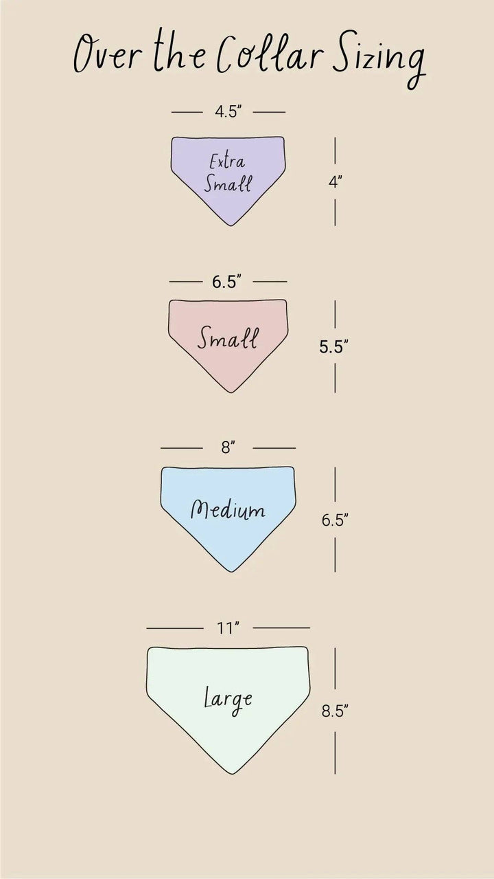 Over-the-collar dog bandana sizing chart showing dimensions for Dapple Dog Designs Barkday Boy bandanas.