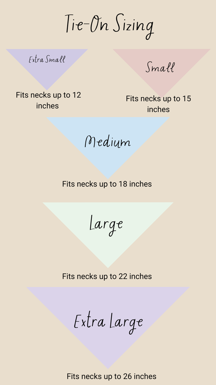 Tie-on dog bandana sizing guide showing available Barkday Boy bandana sizes and recommended neck measurements.