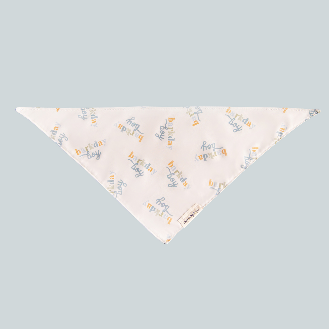 Dapple Dog Designs Barkday Boy tie-on dog bandana shown flat with the full triangular birthday print.