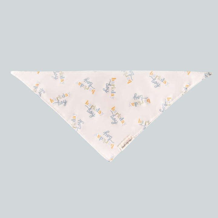 Dapple Dog Designs Barkday Boy tie-on dog bandana shown flat with the full triangular birthday print.