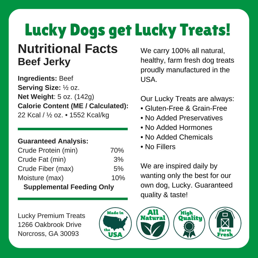 Nutritional facts label for Lucky Dogs beef jerky treats on a green background