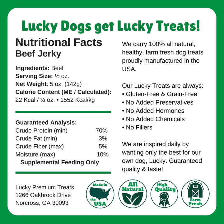Nutritional facts label for Lucky Dogs beef jerky treats on a green background