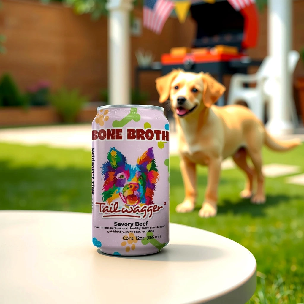 Can of Bone Broth Tail Wagger on a table with a dog in the background