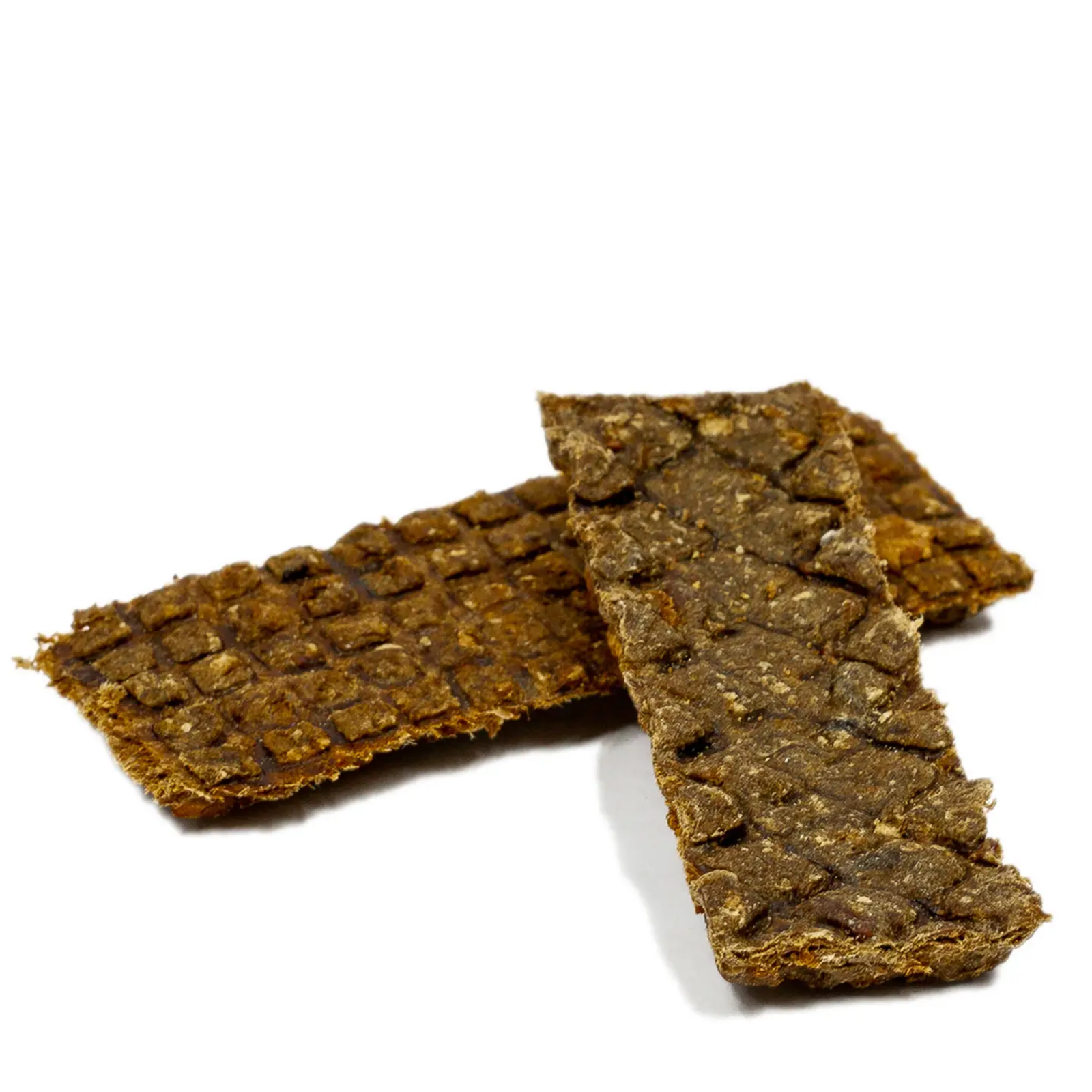 Two brown dog beef bars on a white background