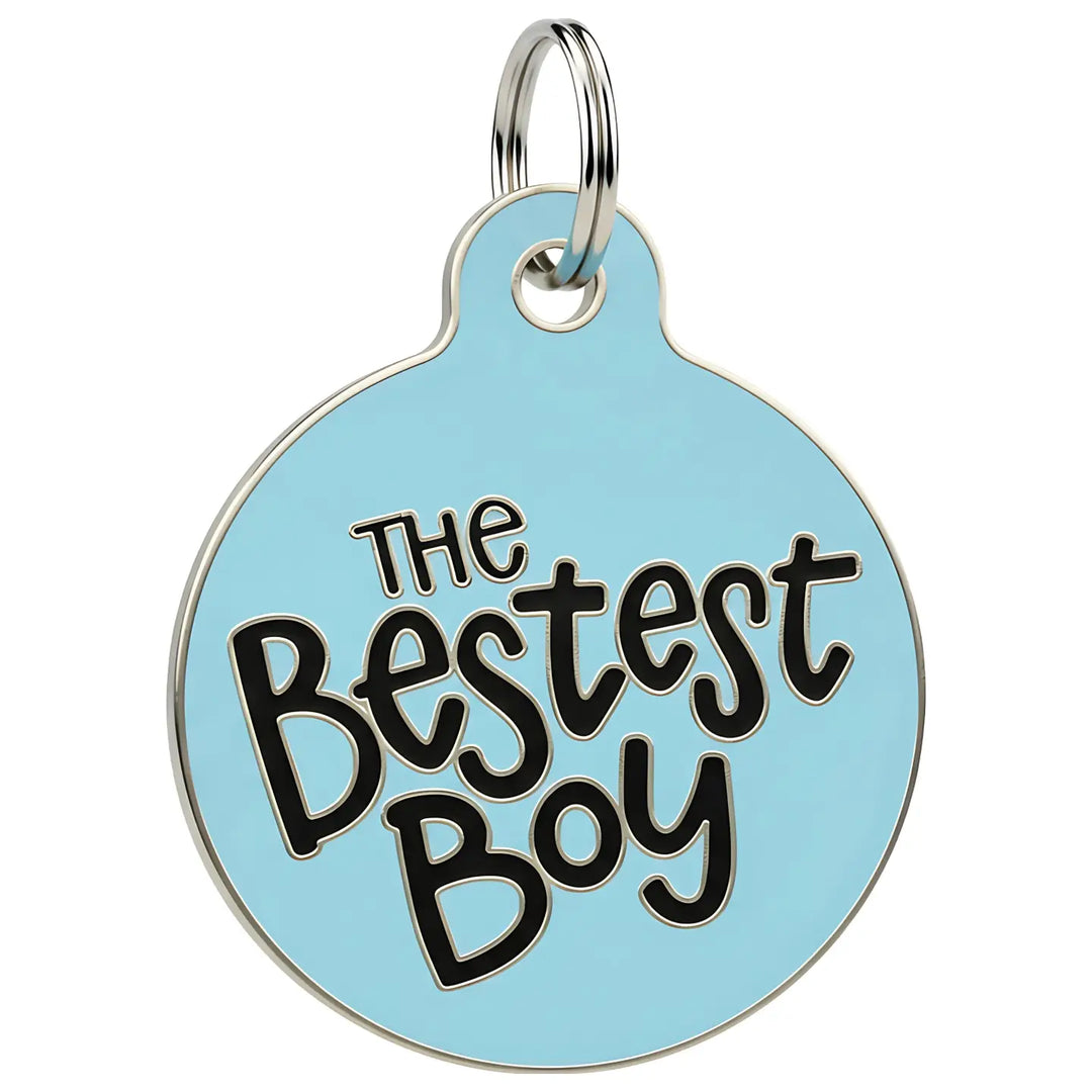 Round blue pet tag with 'The Bestest Boy' text on a white background
