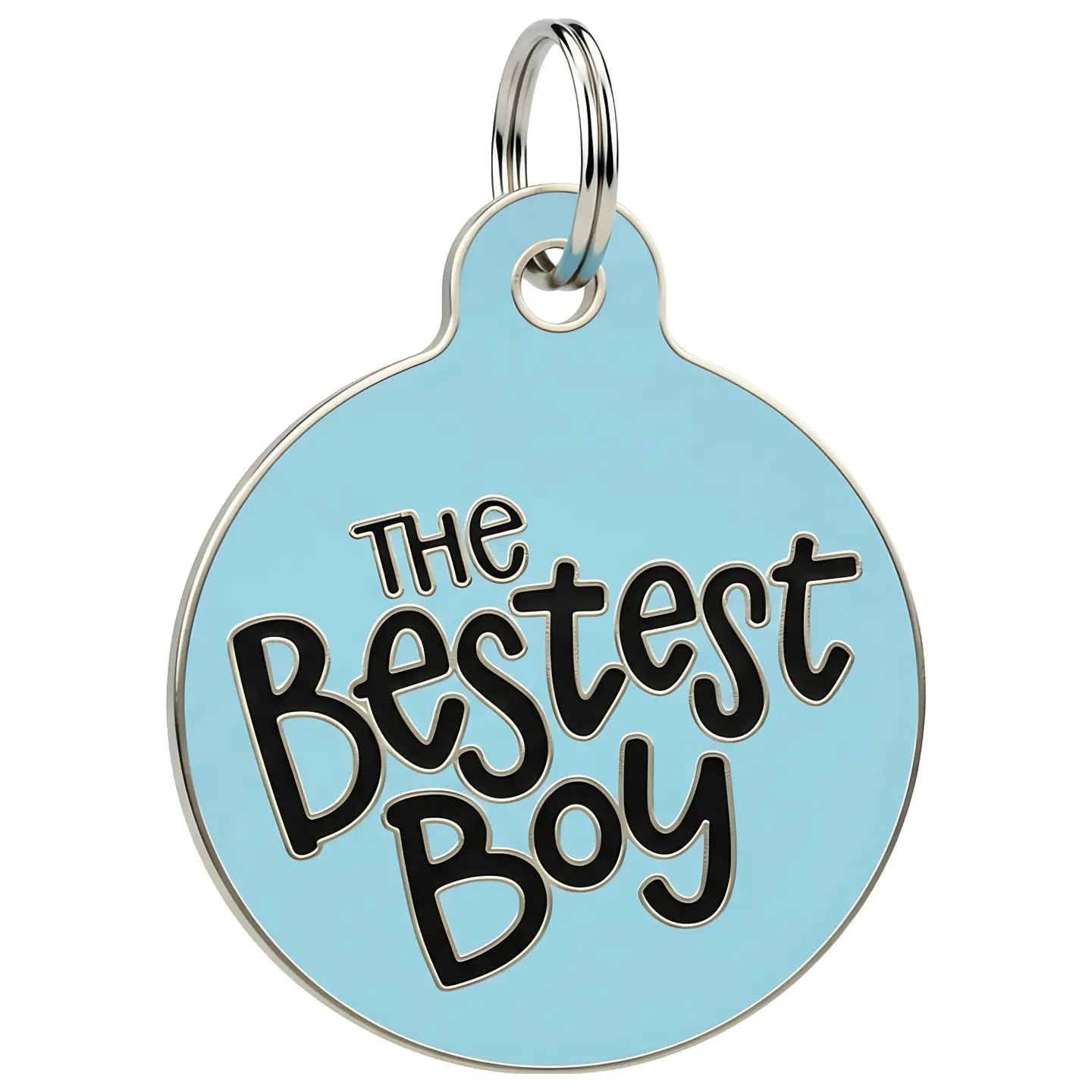 Round blue pet tag with 'The Bestest Boy' text on a white background