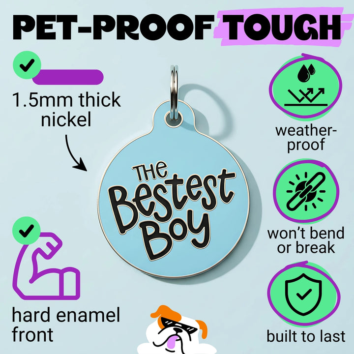 Pet tag with 'The Bestest Boy' text on a light blue background, featuring durability features.