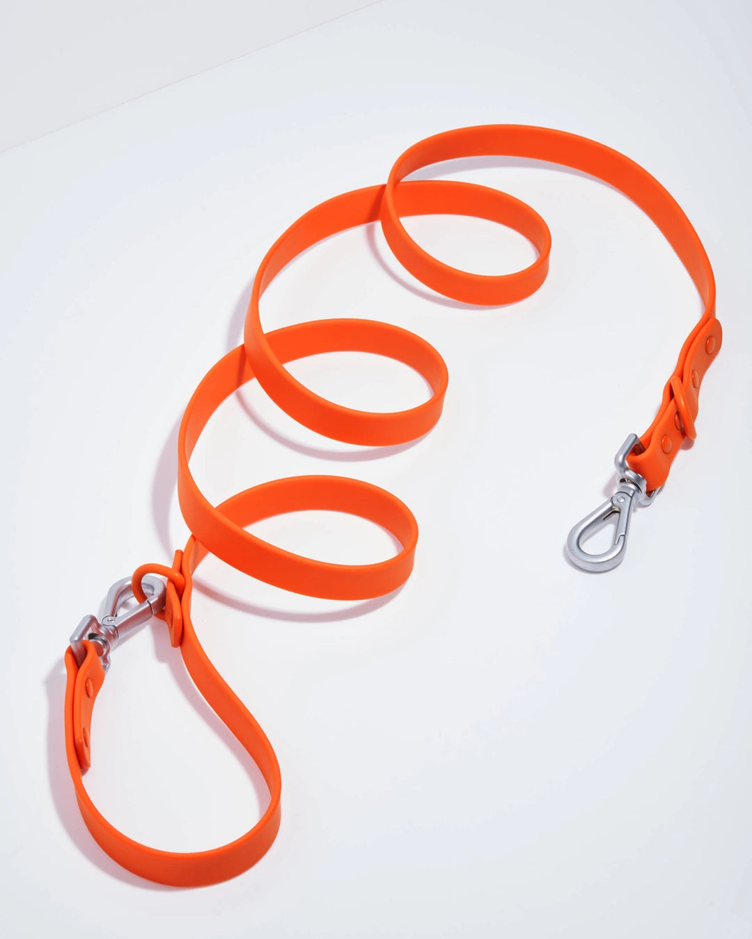 Orange dog leash with metal clips on a white background