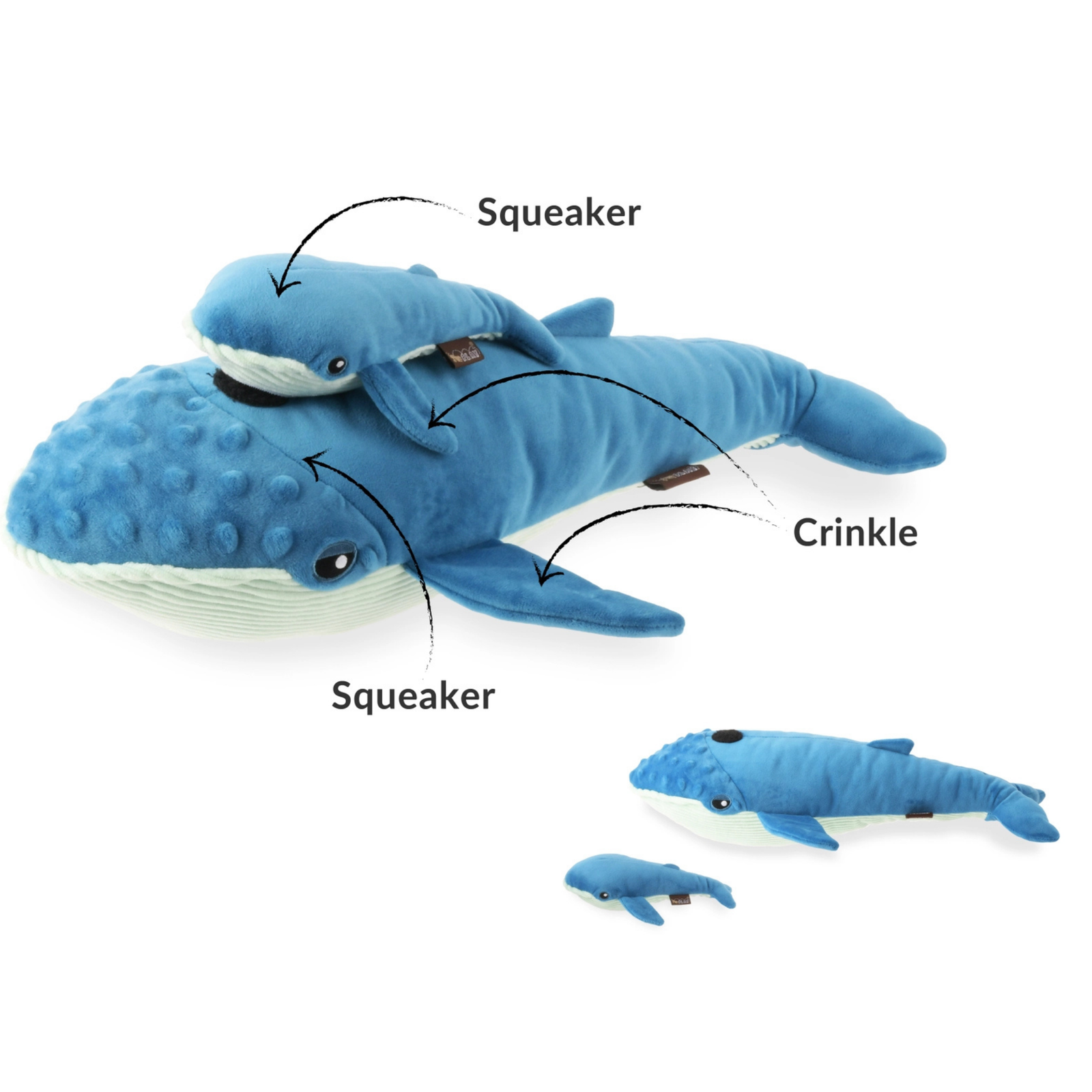 Blue plush whale toy with labeled squeaker and crinkle features on a white background