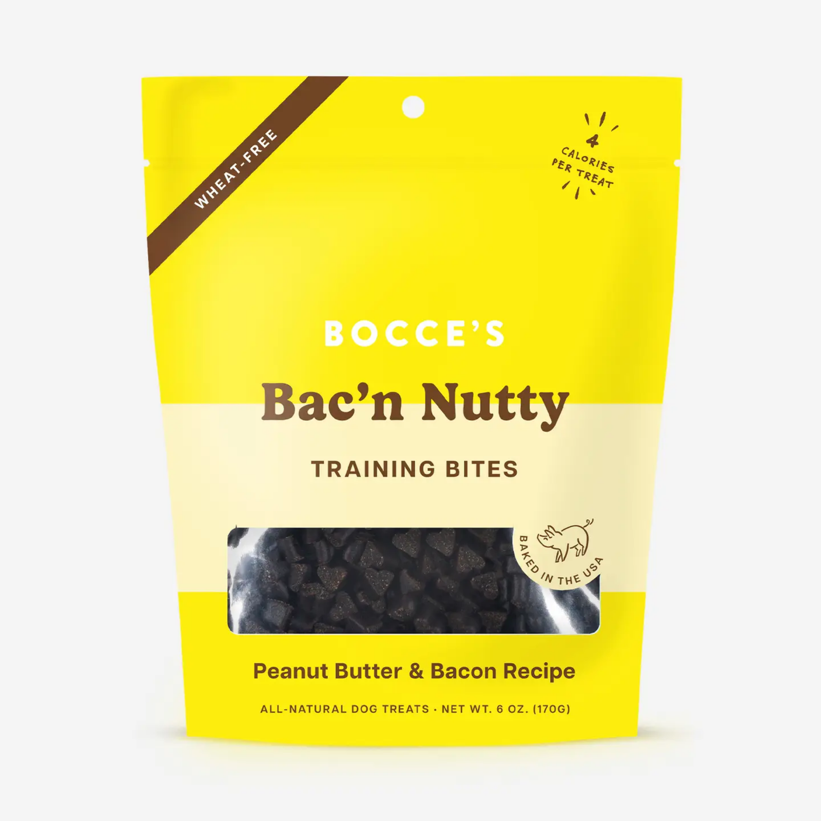 Yellow package of Bocce's Bac'n Nutty Training Bites with a clear window showing treats inside.