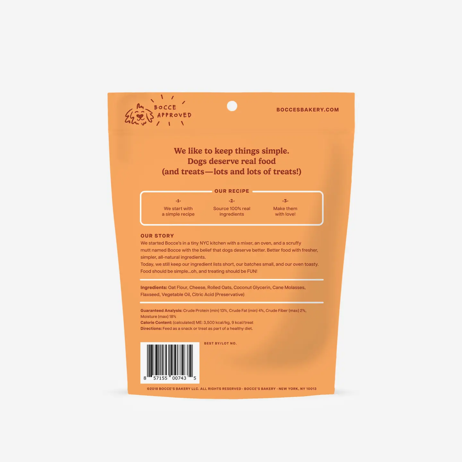 Back of a dog treat package with text and branding on an orange background