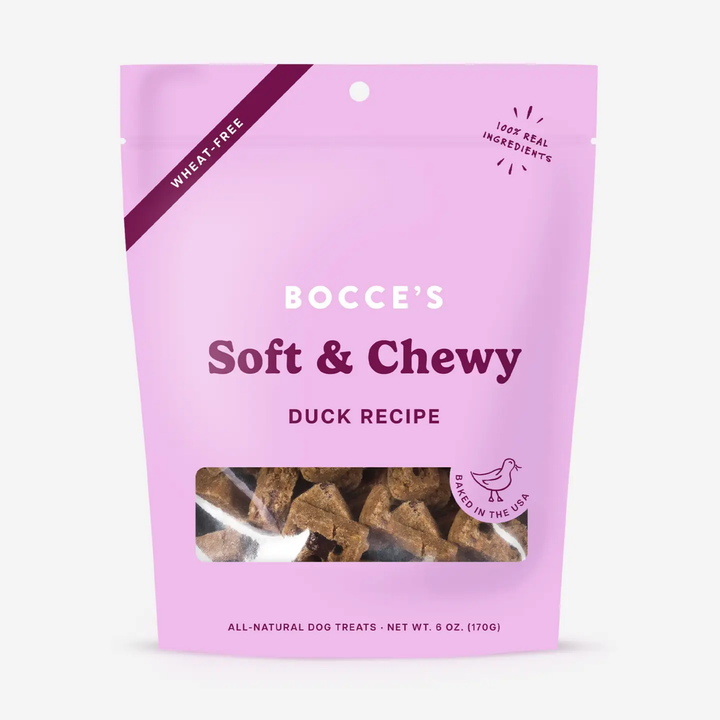 Pink package of Bocce's Soft & Chewy Duck Recipe dog treats on a white background