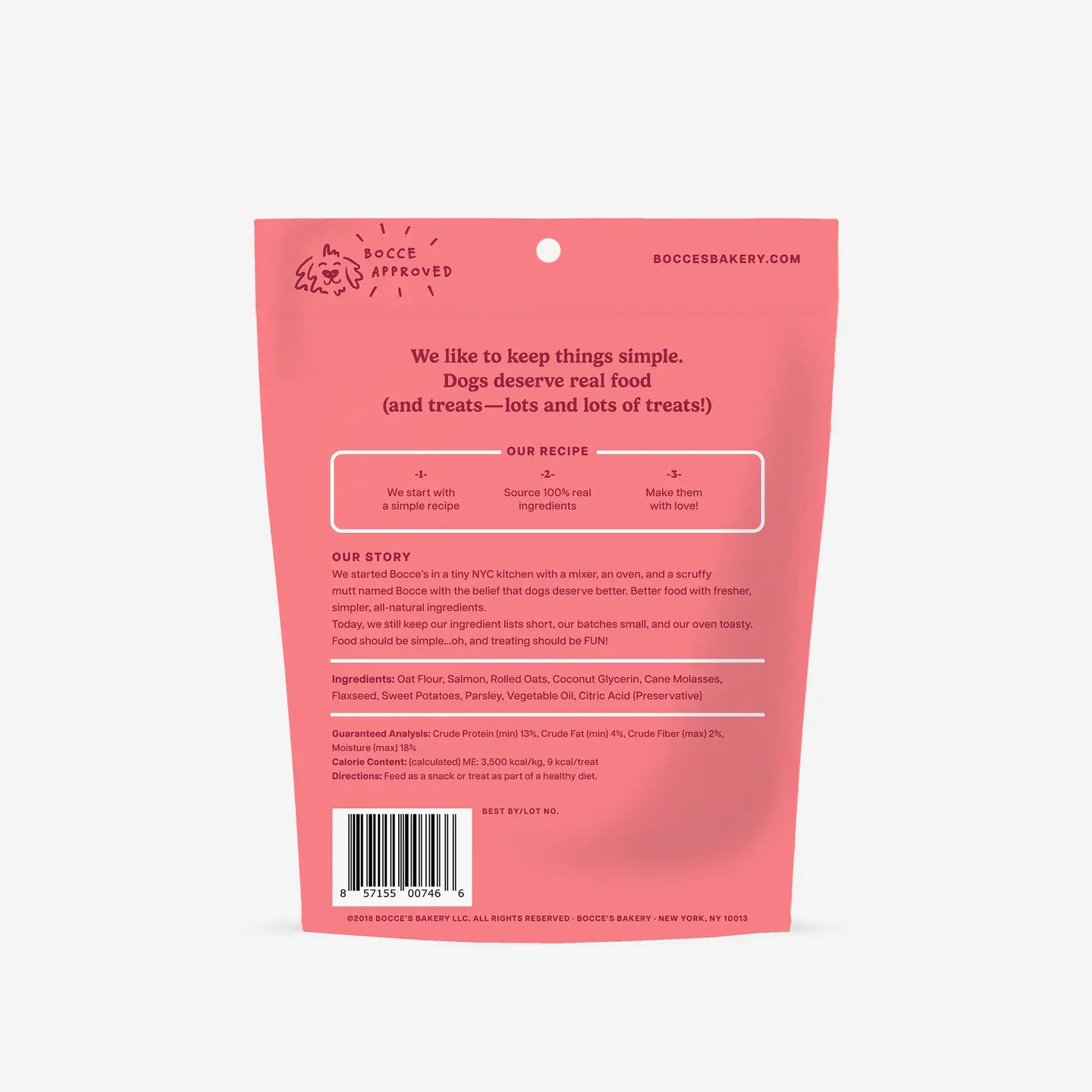 Back of a bocces pink dog treat package with text and branding on a white background