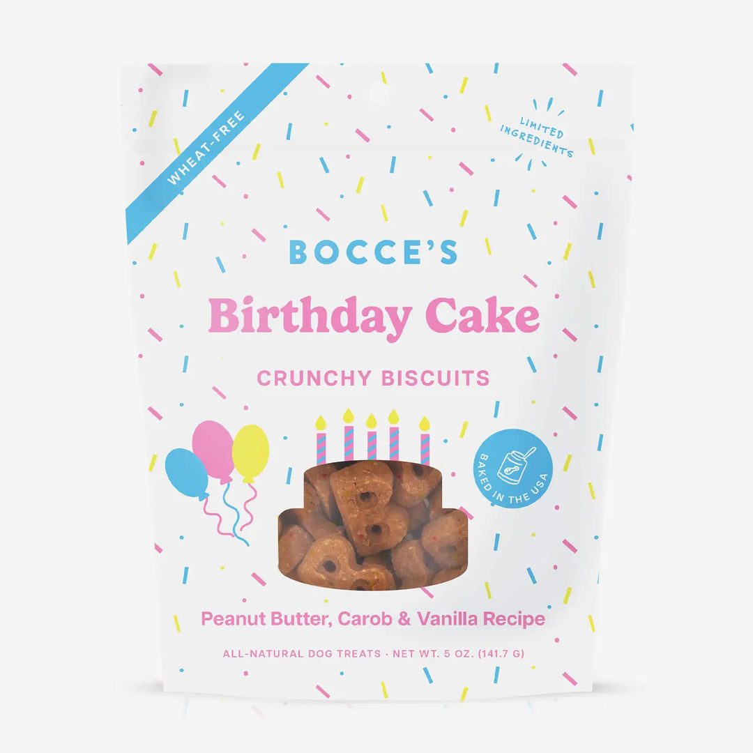 Bocce's Birthday Cake crunchy biscuits packaging with colorful design and text.