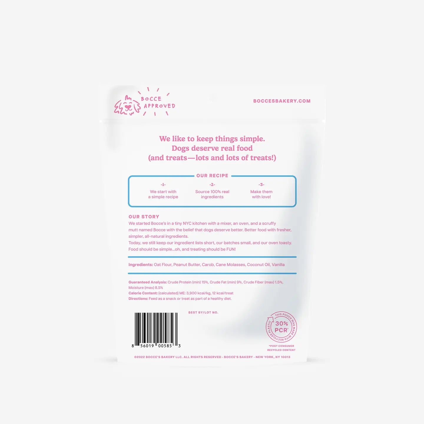 Back of a Birthday cake dog biscuits packaging from Bocce's