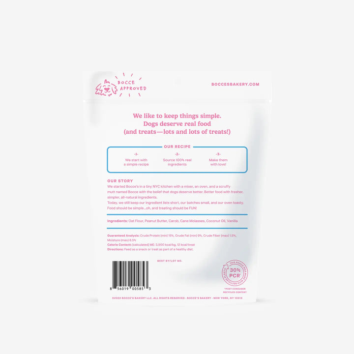 Back of a Birthday cake dog biscuits packaging from Bocce's