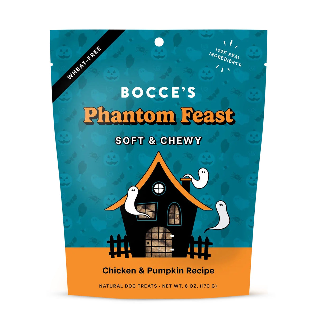 Bocce's Phantom Feast Soft & Chewy dog treats in a 6 oz pouch, featuring a Halloween-themed design with a haunted house and ghosts on a teal and orange background.