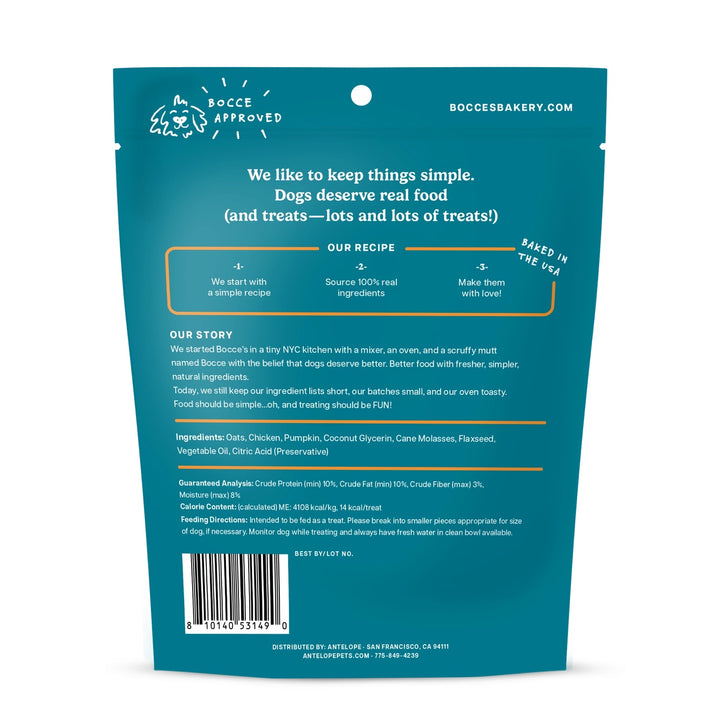 Back of a Boccé Approved dog treat pouch in a teal color, featuring product details, ingredients, and a barcode.