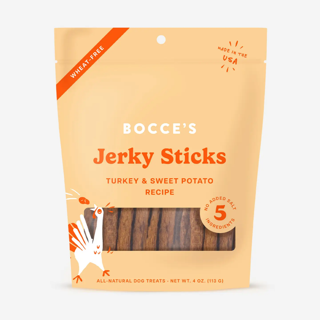 Package of Bocce's Jerky Sticks for dogs on a white background