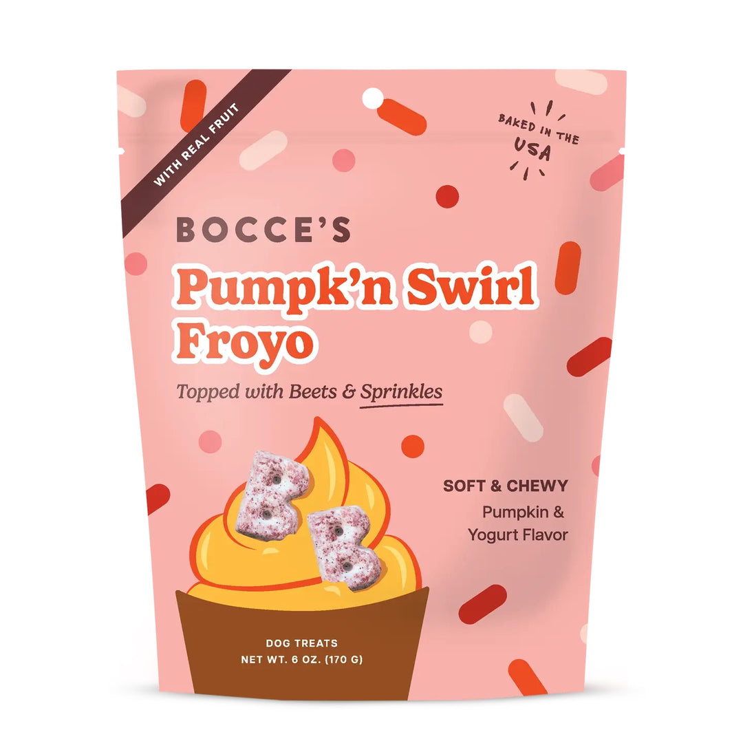Bocce's Pumpkin 'n Swirl Froyo dog treats in a pink stand-up pouch with illustrations of pumpkin swirl and treats, on a white background.