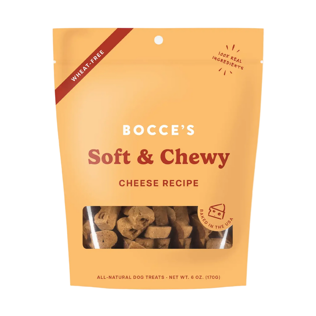 Bocce's Soft & Chewy Cheese Recipe dog treat package on a white background