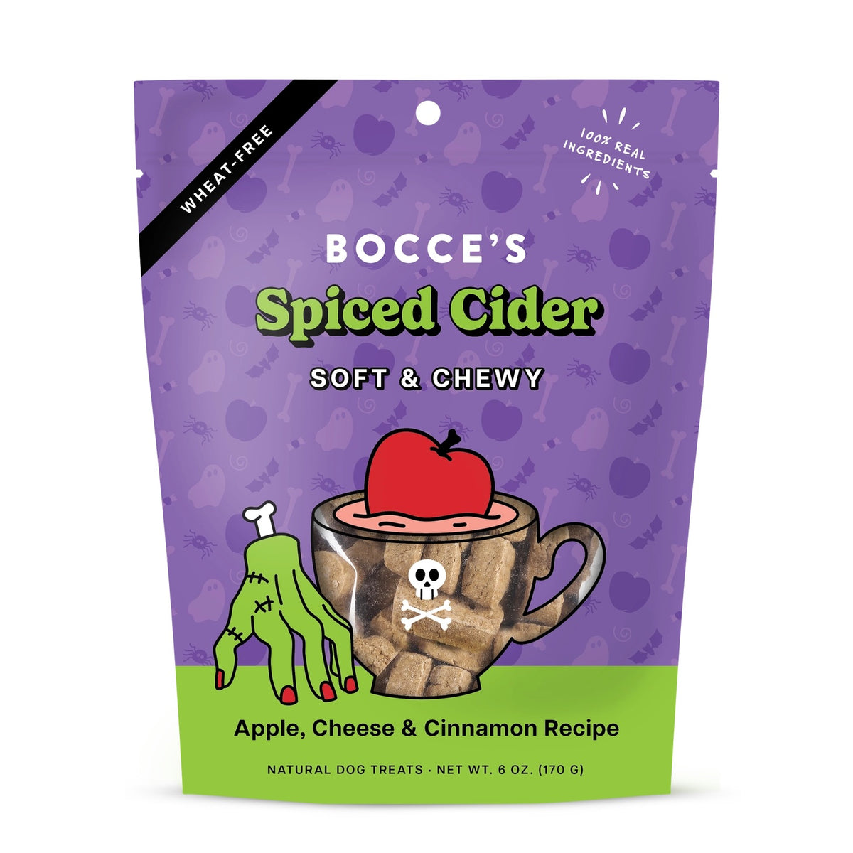 Bocce's Spiced Cider Soft & Chewy dog treats in a 6 oz resealable stand-up pouch. The packaging features a purple Halloween-themed background with ghost and bone patterns, a black diagonal 'Wheat Free' banner, and a green bottom section.