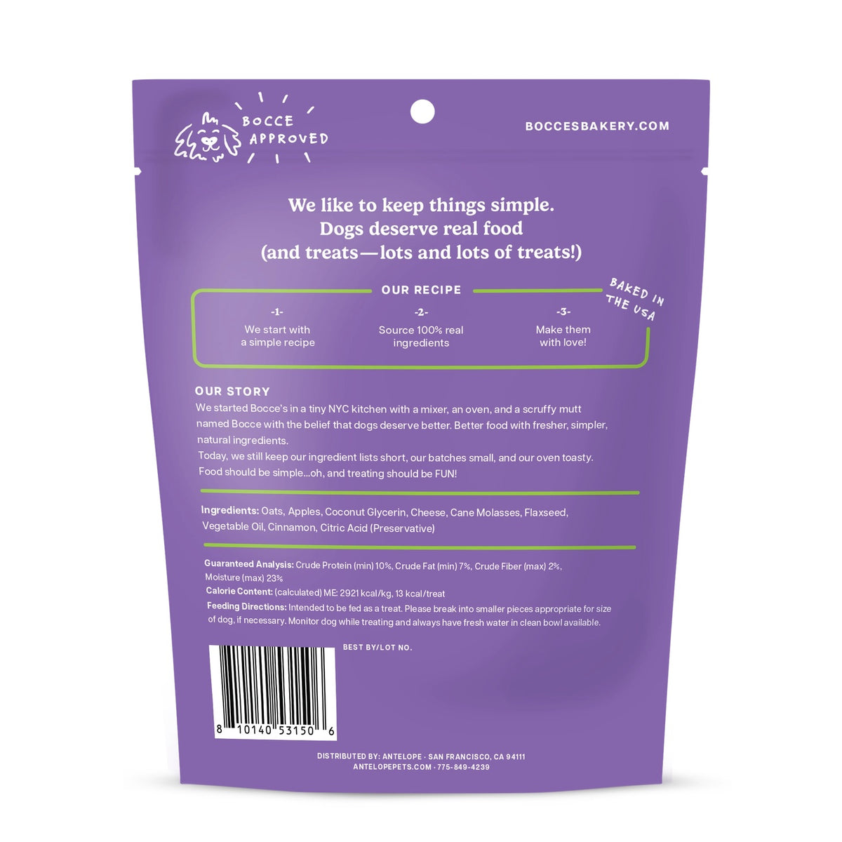 Back of a purple Boccé Approved dog food pouch from Bocce Bakery, showing the website, brand logo, recipe highlights, our story, ingredients, and barcode on a white background.