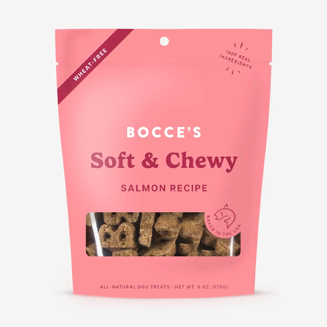 Pink package of Bocce's Soft & Chewy Salmon Recipe dog treats on a white background