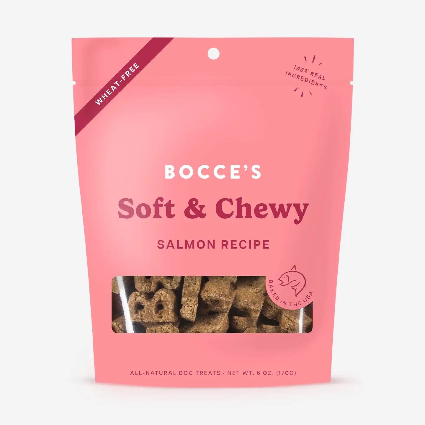 Pink package of Bocce's Soft & Chewy Salmon Recipe dog treats on a white background