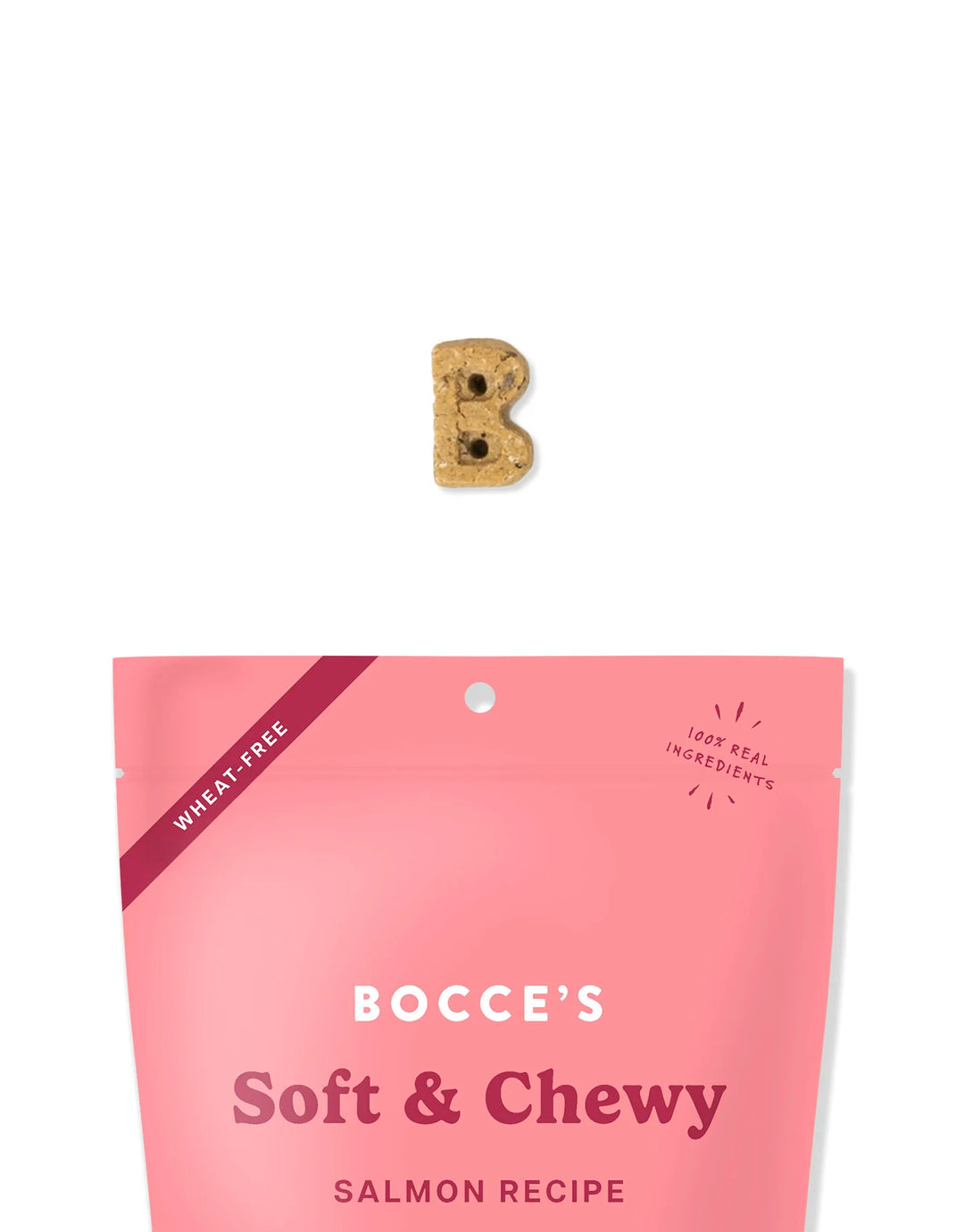 Pink bag of Bocce's Soft & Chewy Salmon Recipe dog treats on a white background