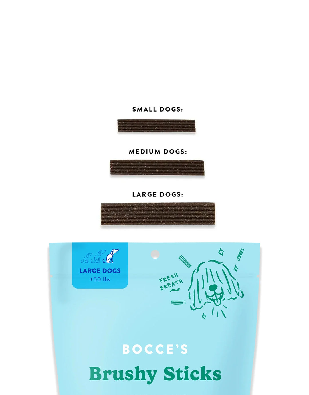 Bocce's Brushy Sticks packaging with size guide for dogs on a white background