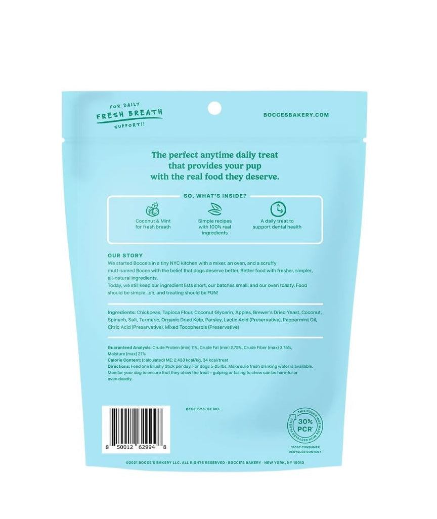 Back of a Booces blue pet treat package with text and branding on a white background