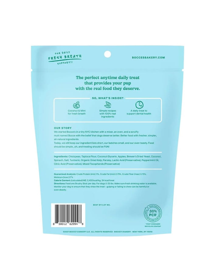Back of a Booces blue pet treat package with text and branding on a white background