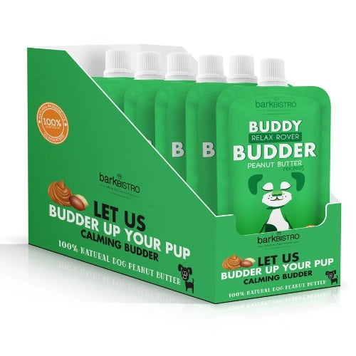 Barkistrio Buddy Peanut Butter packaging with green boxes and white lids on a white background