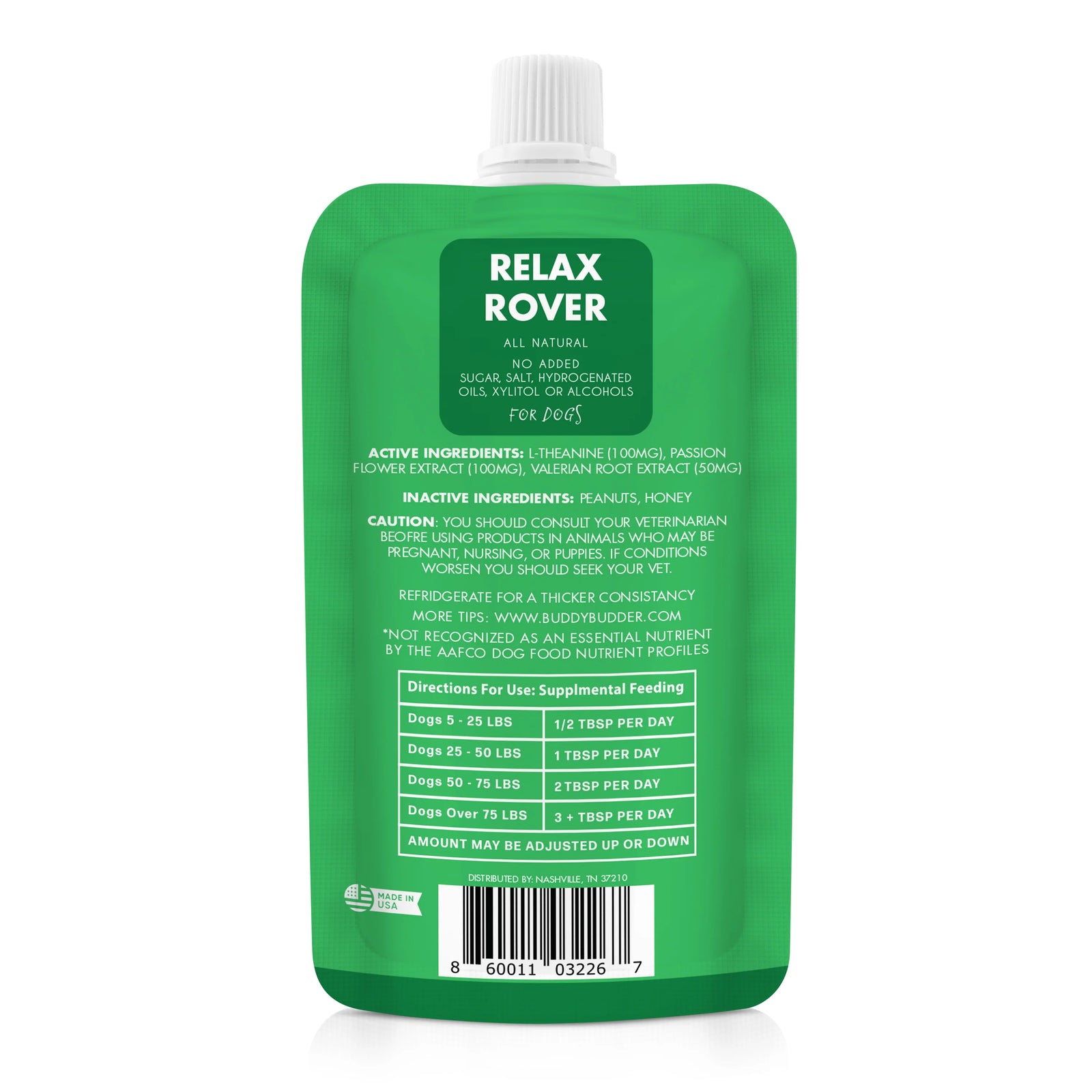 Green packaging of 'Relax Rover' ingredients on a white background