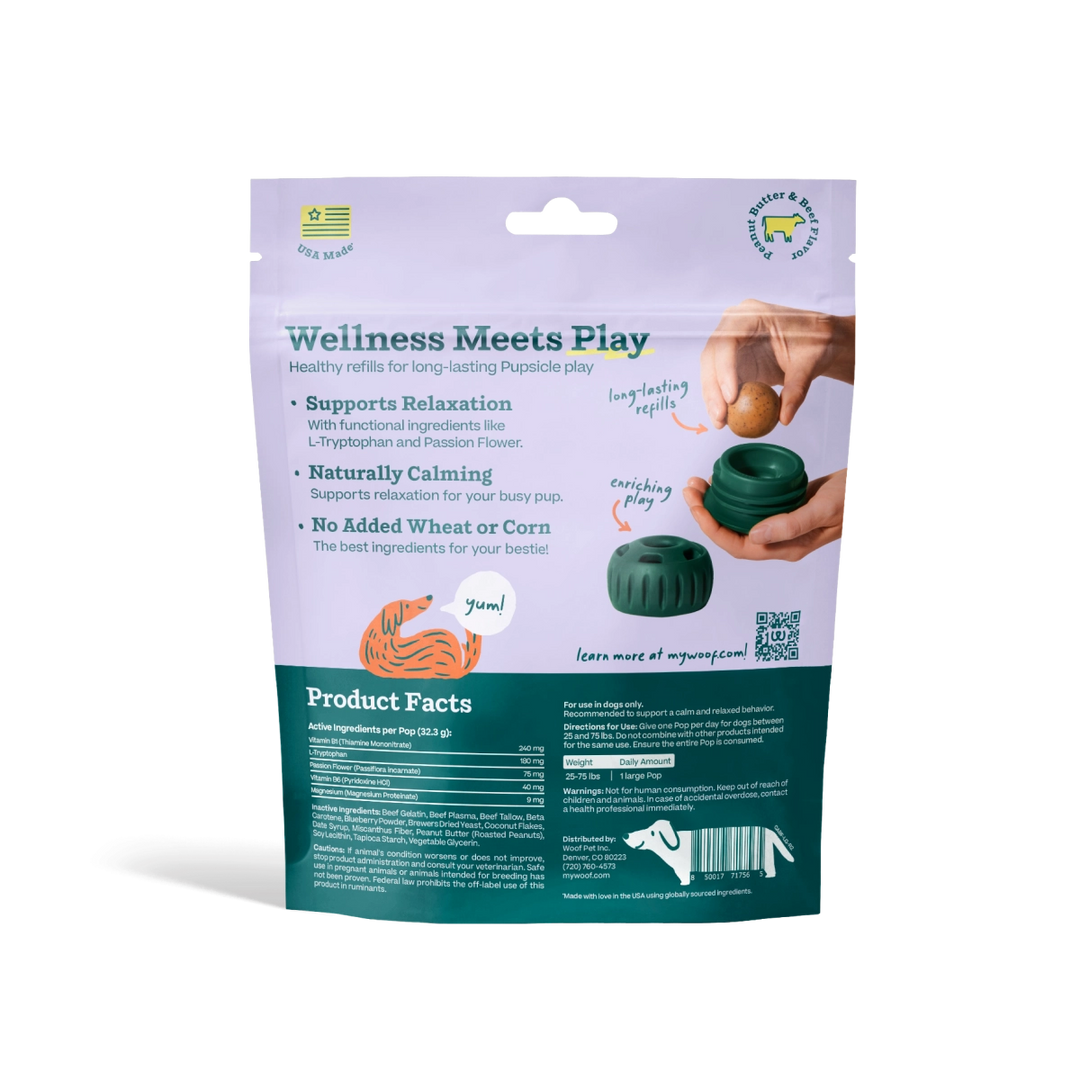 A stand-up pouch of pet chew treats on a white background. The packaging is lavender on top and dark teal on the bottom, with text reading 'Wellness Meets Play' and product facts.