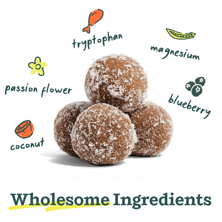 Three chocolate energy balls with various ingredients listed around them on a white background.