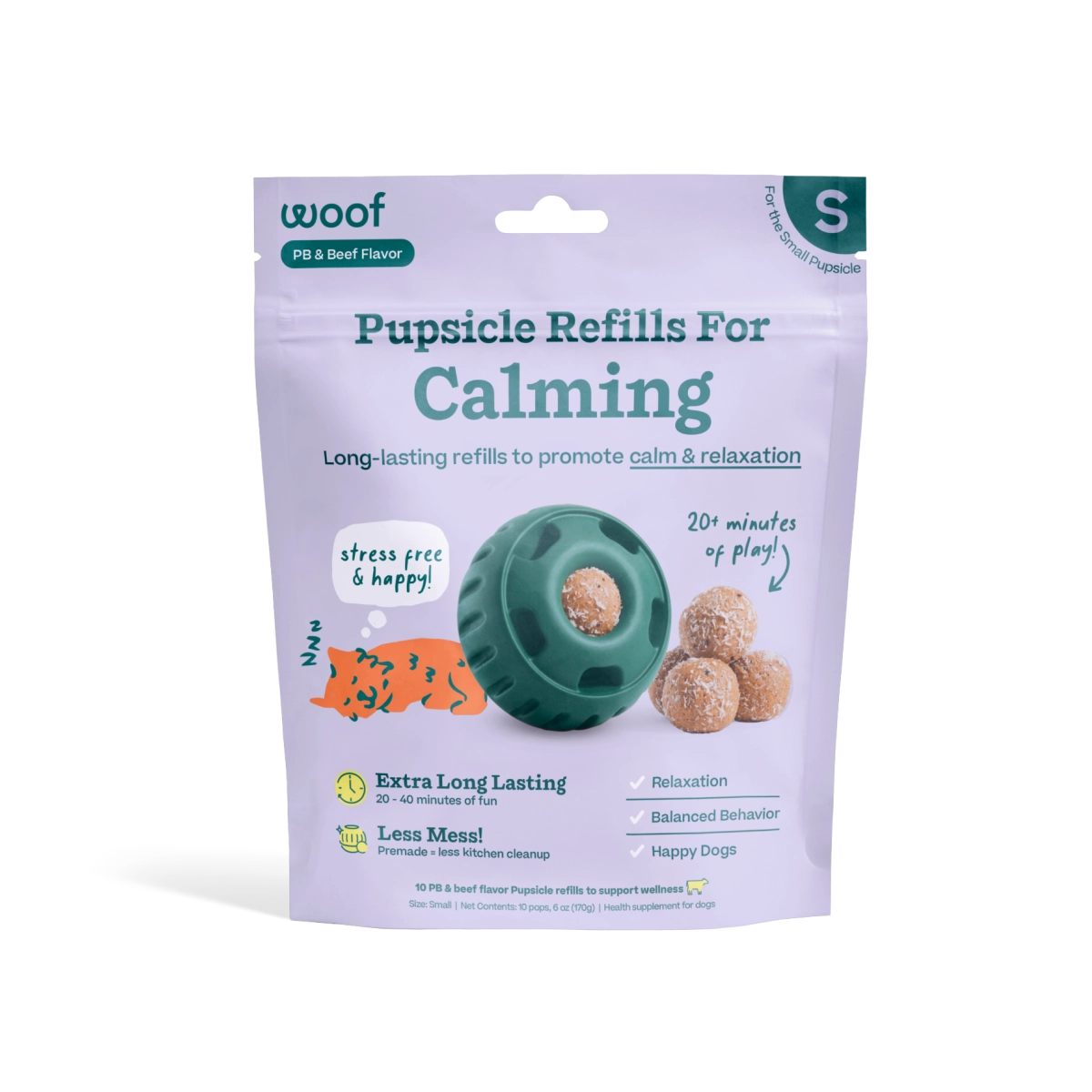 A package of Woof Pupsicle Refills For Calming dog treats, shown against a plain white background. The packaging is light lavender with a clear window displaying the green teething toy and several small brown treats inside.