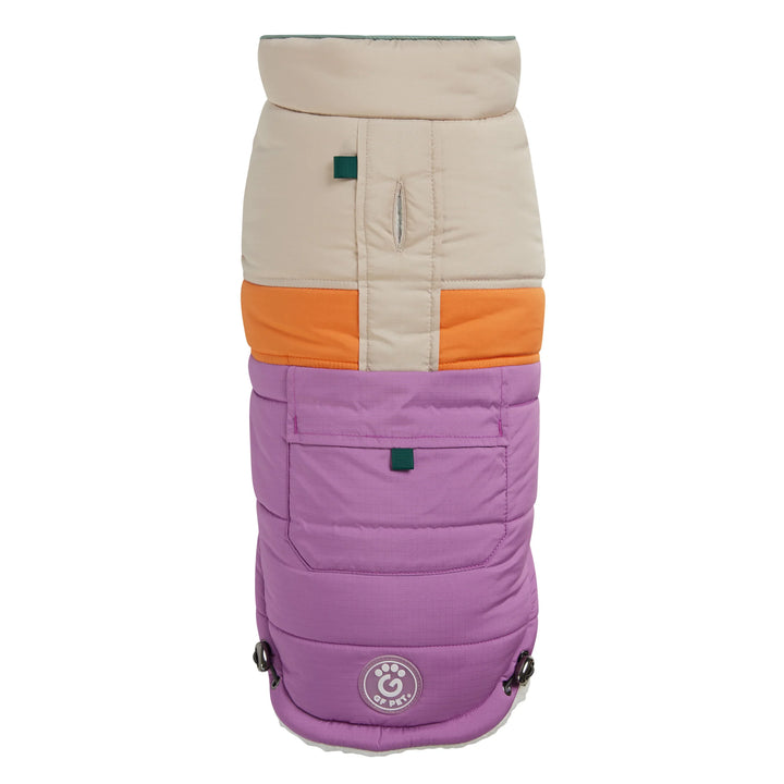 Multicolored puffer jacket with beige, orange, and purple sections