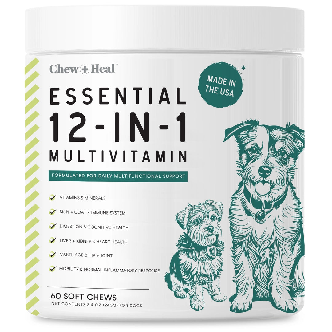 Multivitamin packaging for dogs with illustrations of dogs and text on a white background