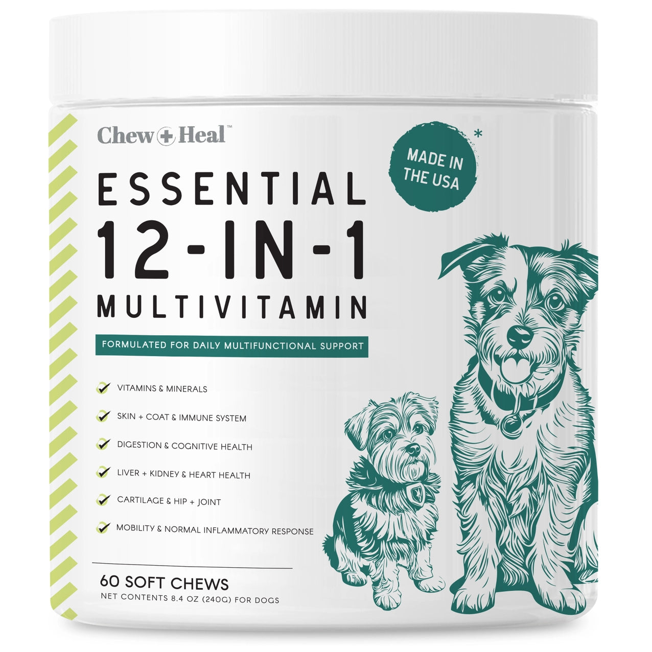 Multivitamin packaging for dogs with illustrations of dogs and text on a white background